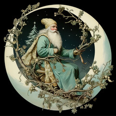 Vintage illustration. Bearded wizard against the background of the moon