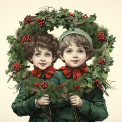 Vintage illustration. Two children stand next to each other and hold a Christmas wreath in their hands
