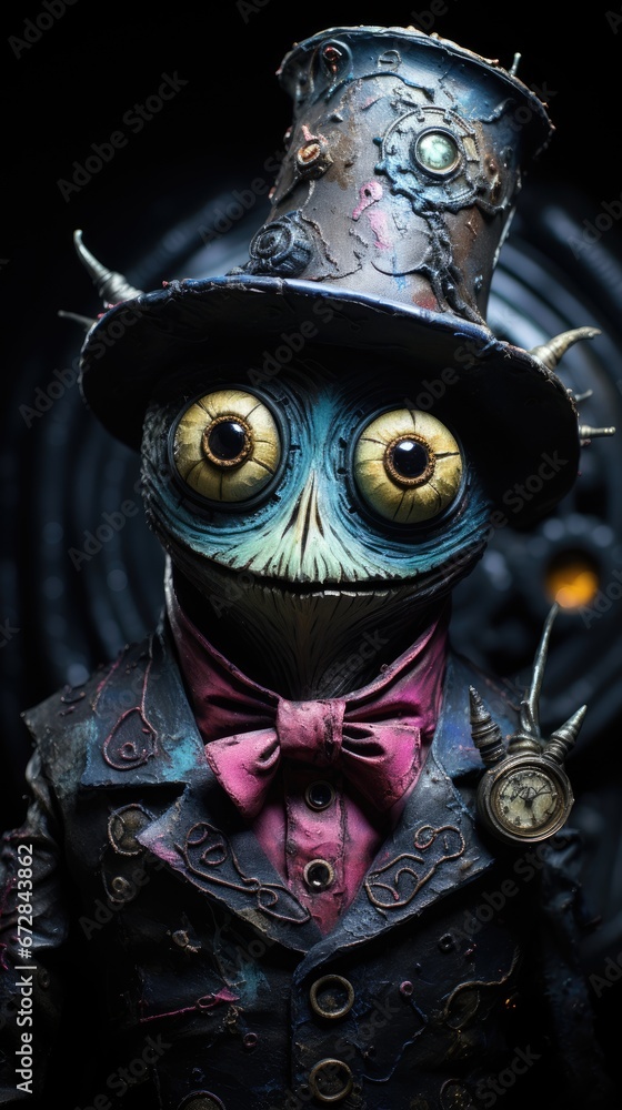 Poster a close up of a person wearing a top hat and a suit with a clock on the side of it. generative ai
