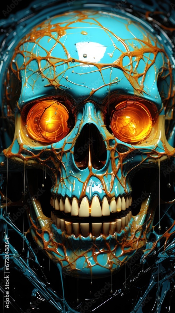 Poster a close up of a skull with a light on it's face and some wires coming out of it. generative ai