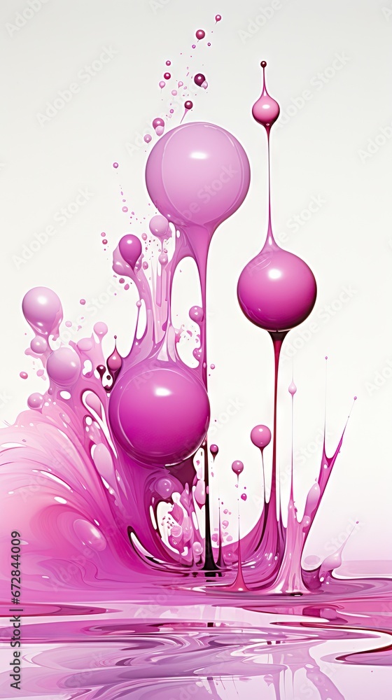 Poster a picture of a pink liquid splashing on a white background with a reflection of the object in the wa