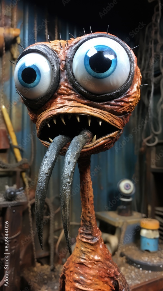 Poster a close up of a statue of a monster with big blue eyes and a long nose with sharp sharp teeth. gener