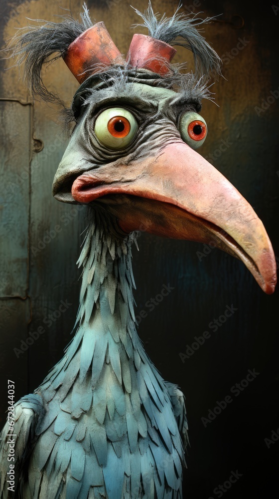 Poster a close up of a bird with a weird look on it's face and a hat on it's head. generative ai