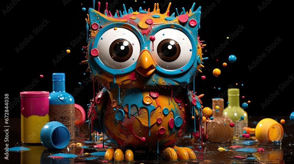 Poster a colorful owl sitting on top of a table next to bottles and confetti on top of a table. generative 