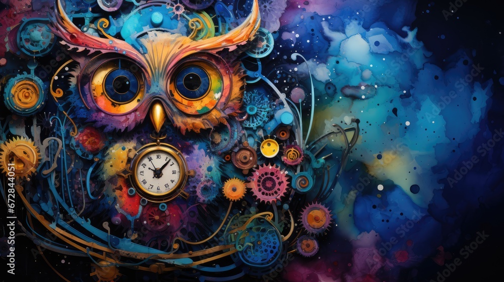 Poster a painting of an owl with a clock on its head, surrounded by intricate gears and a colorful backgrou