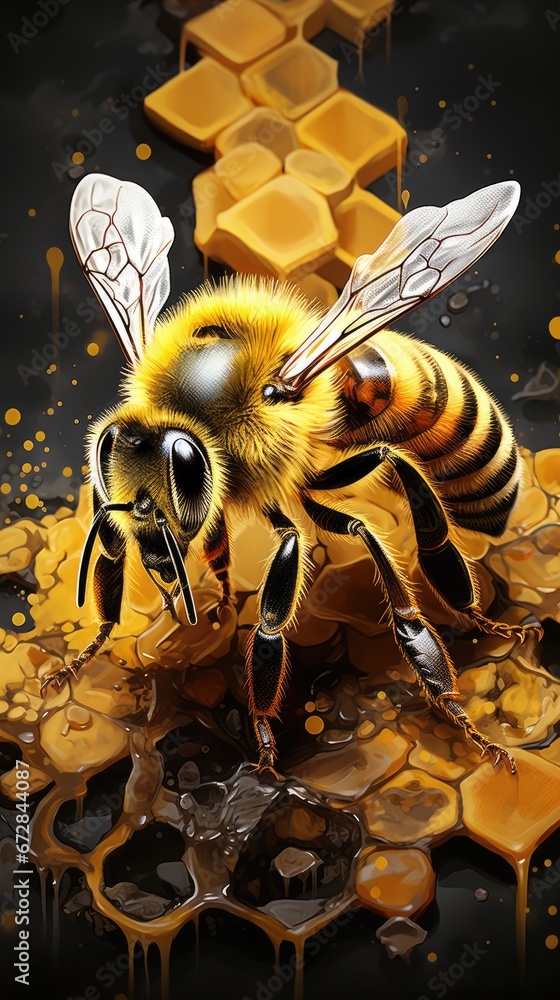 Poster a painting of a bee on a honeycomb with honeycombs in the foreground and honeycombs in the backgroun