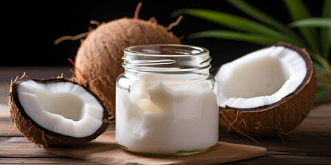 Organic Coconut Spa Essentials, coconut oil in a glass jar with a stack of fresh coconuts in the background, Creamy coconut oil sits in a glass jar, complemented by a raw coconut, generative AI - obrazy, fototapety, plakaty