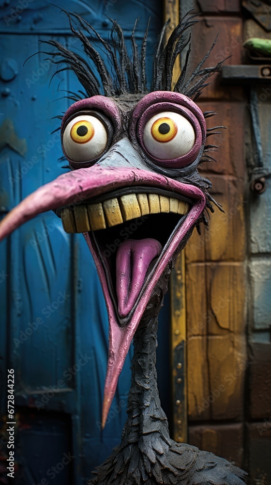 Poster a close up of a statue of a bird with big eyes and a weird look on it's face. generative ai