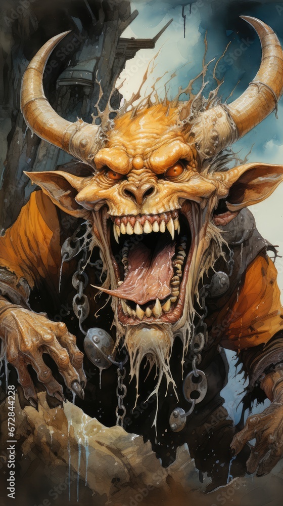 Poster a painting of a demon with its mouth open and teeth wide open, with a building in the background and