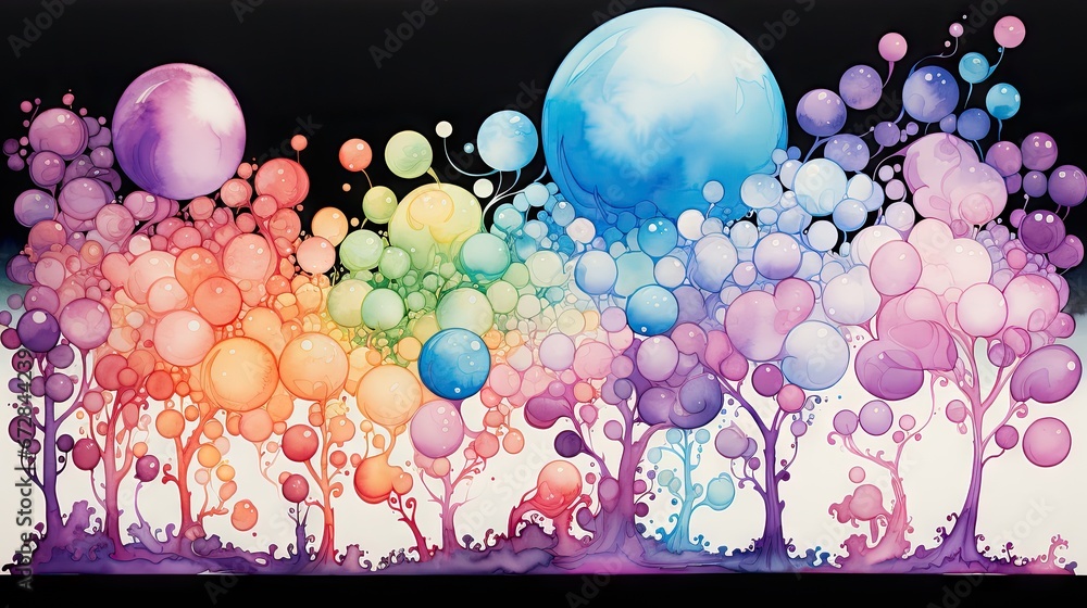 Aufkleber a painting of a bunch of balloons floating in the air over a field of grass and trees in front of a 
