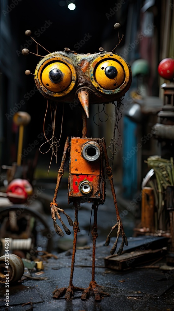 Aufkleber a close up of a statue of a robot with big eyes and a surprised look on it's face. generative ai