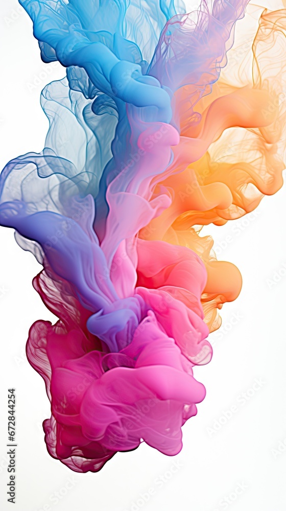 Poster a multicolored cloud of smoke floating in the air on a white background with a blue sky in the backg