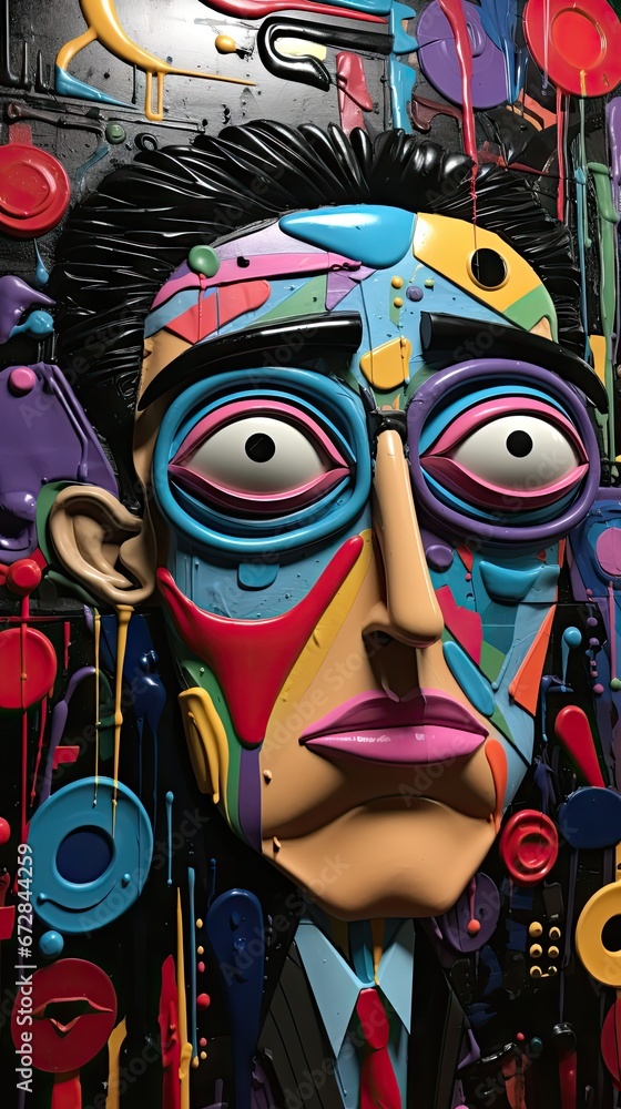 Poster a painting of a man wearing a suit and tie with many different colored objects on the wall in the ba