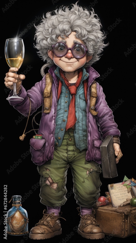 Poster a drawing of a man holding a glass of wine and a suitcase with a map on it and a bottle of wine in t