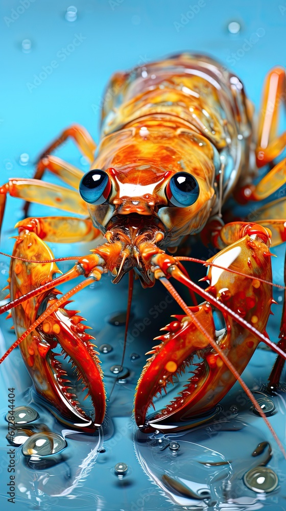 Poster a close up of a lobster on a blue surface with drops of water on the bottom and bottom of it. genera
