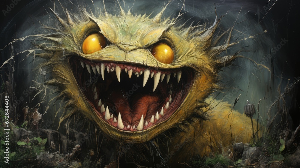 Aufkleber a painting of a monster with its mouth wide open and teeth wide open, with sharp teeth and sharp tee