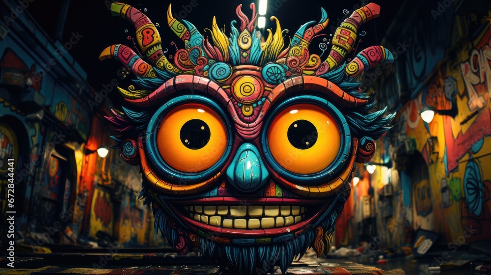 Poster a close up of a mask on display in a room with a lot of paintings on the walls and ceiling. generati