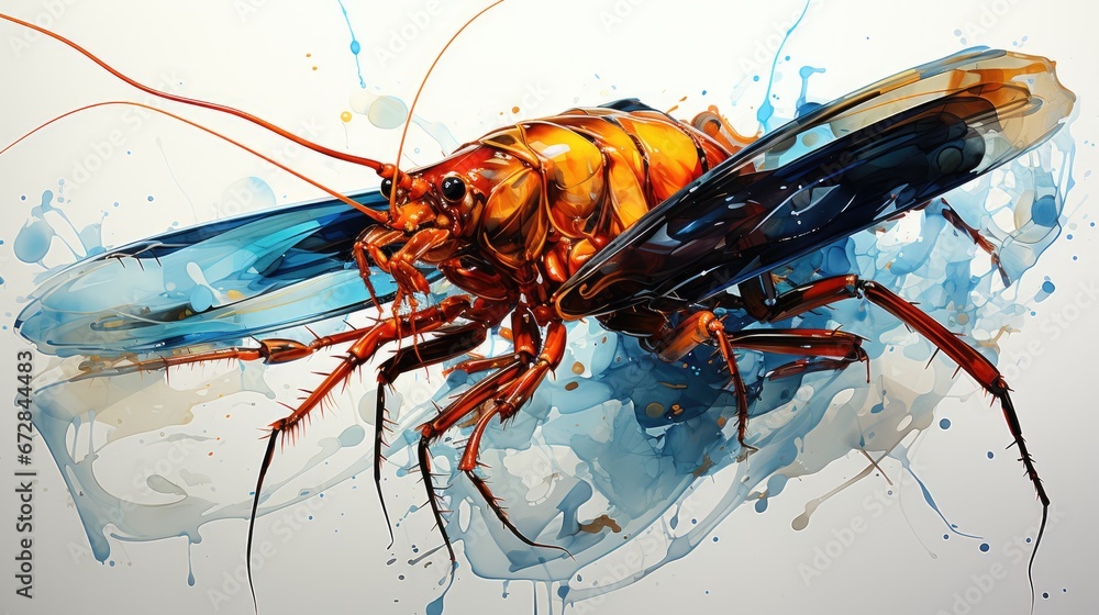 Poster a close up of a bug on a white surface with blue and orange paint splattered on the back of it. gene