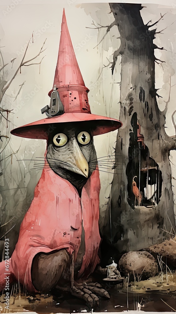 Poster a painting of a bird with a red hat sitting next to a tree with a bird in it's beak. generative ai
