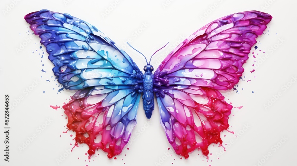 Poster a multicolored butterfly on a white background with drops of paint on the wings and back of the wing