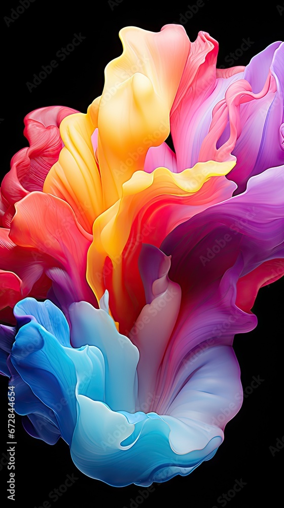 Poster a close up of a multicolored flower on a black background with a drop of water on the bottom of the 