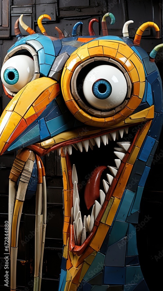 Poster a close up of a sculpture of a dragon's head with large blue eyes and sharp sharp sharp teeth. gener