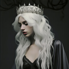 Girl with white hair in a crown on a black background
