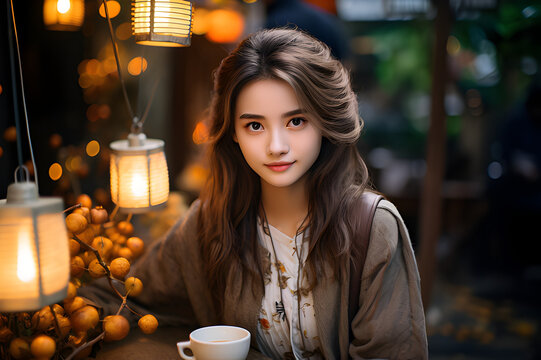 a young girl is sitting near an outdoor wooden counter with a cup of coffee, in the style of webcam photography, samyang af 14mm f/2.8 rf, batik, academic precision, smilecore, grey academia, dynamic 