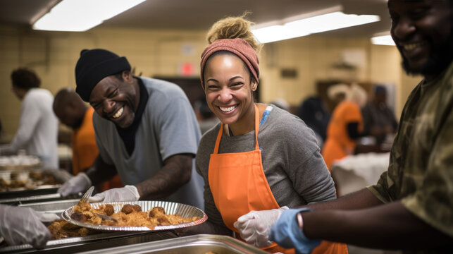Several volunteers, both men and women, work diligently in an indoor setting to serve food to community members during a charity event.