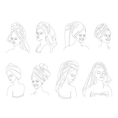 Collection. Silhouettes of a girl's head in a turban, a scarf, a towel. Woman face in modern one line style. Solid line, outline for decor, posters, stickers, logo. Vector illustration set.