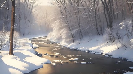 winter lake landscape, winter forest wallpaper, snowy beautiful forest landscape, day in a impressive frozen woodland