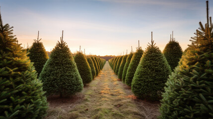 Rows of meticulously aligned Christmas trees stand tall on a farm, bathed in the golden glow of...