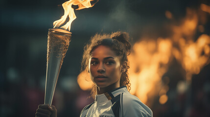 female sportswoman with the Olympic flame - obrazy, fototapety, plakaty