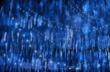 Abstract monochrome watercolor background. Stripes or icicles, stars or snowflakes on a blue watercolor background. Illustration.