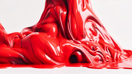 Close-up of shapes of red liquid paint on a white background