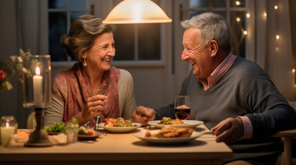 Fototapeta na wymiar An elderly couple shares a joyful dinner at home, laughing and bonding over candlelit delicacies and wine.
