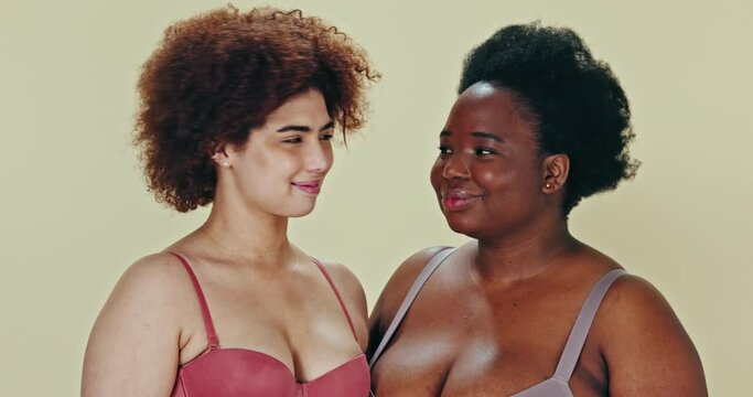 Body positive, diversity face and women together, acceptance and natural self love, beauty or inclusivity. Woman empowerment, portrait or friends support, wellness or inclusion on studio background