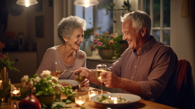 An elderly couple shares a joyful dinner at home, laughing and bonding over candlelit delicacies and wine.