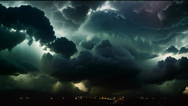 A dramatic thunderstorm scene with cumulonimbus clouds, jagged lightning bolts, heavy rain, and flashes of light against a black background.
