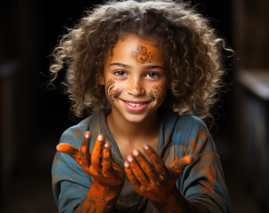 A child with paint on his hands and face, showing the joy of painting.