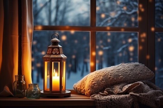 Warm light of a candle in a lantern placed in a windowsill with cozy blanker and a view of winter snow covered forest
