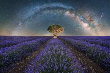Milky Way arch over a century-old oak tree (Quercus ilex) in the middle of Lavender fields blooming at Plateau De Valensole, Provence, France - obrazy, fototapety, plakaty