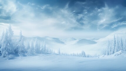 Winter landscape. Snow forest and mountains. Winter background