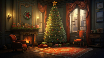 Fototapeta na wymiar Festive Christmas Tree beautifully decorated for the Christmas Season Christmas Fir Tree Christmas Spirit