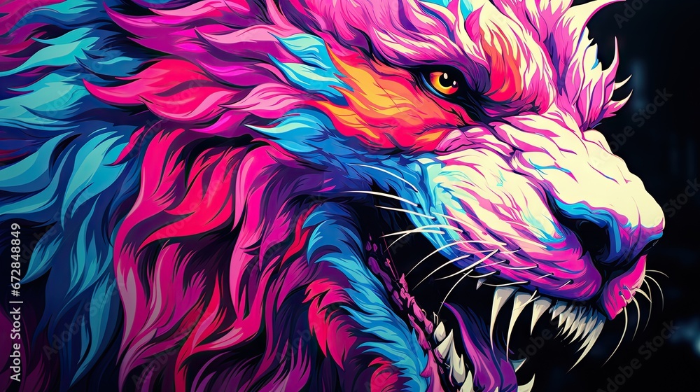Poster a close up of a colorful tiger's face with it's mouth open and it's teeth wide open. generative ai
