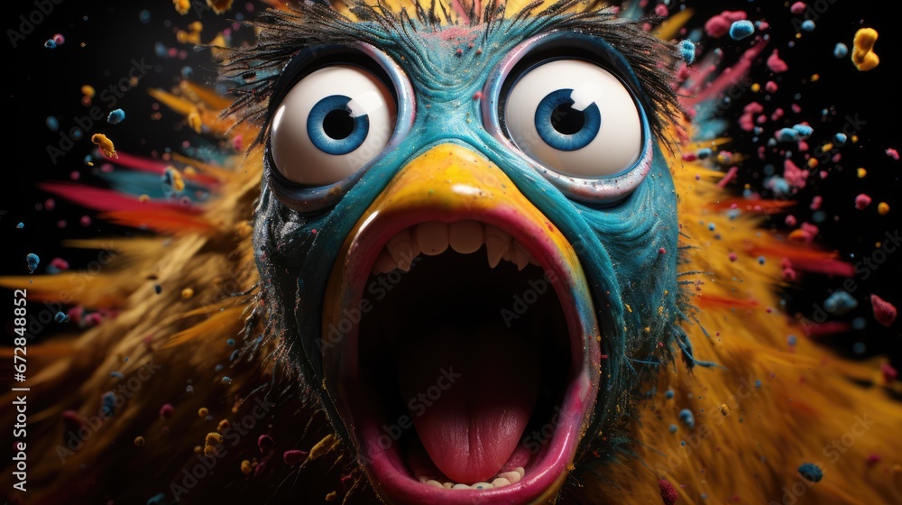 Poster a close up of a bird with its mouth open and sprinkles all over it's face. generative ai