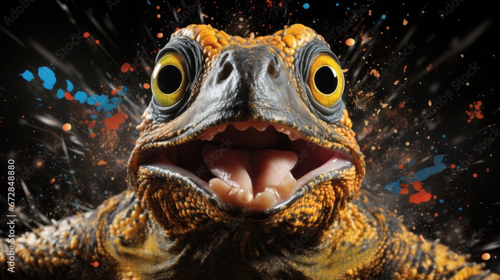 Poster a close up of a lizard with its mouth open and it's mouth wide open with it's mouth wide open. gener