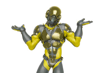 futuristic astronaut do not know what to do in white background