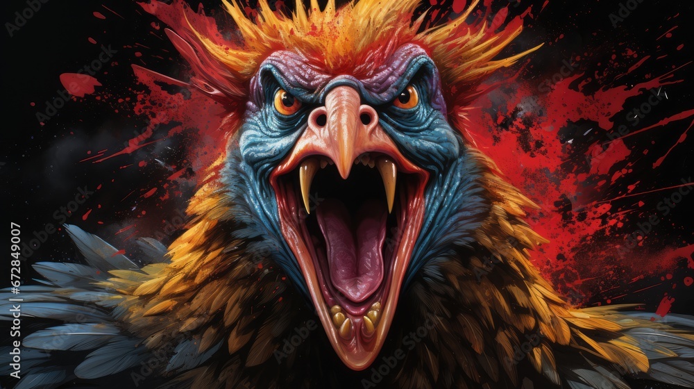 Poster a close up of a bird with its mouth open and it's mouth is open and it's teeth are wide open. genera