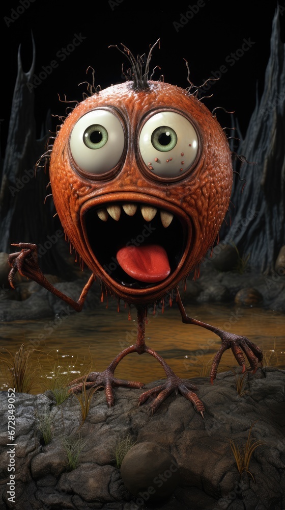 Poster a close up of a cartoon character near a body of water with rocks and trees in the background and a 